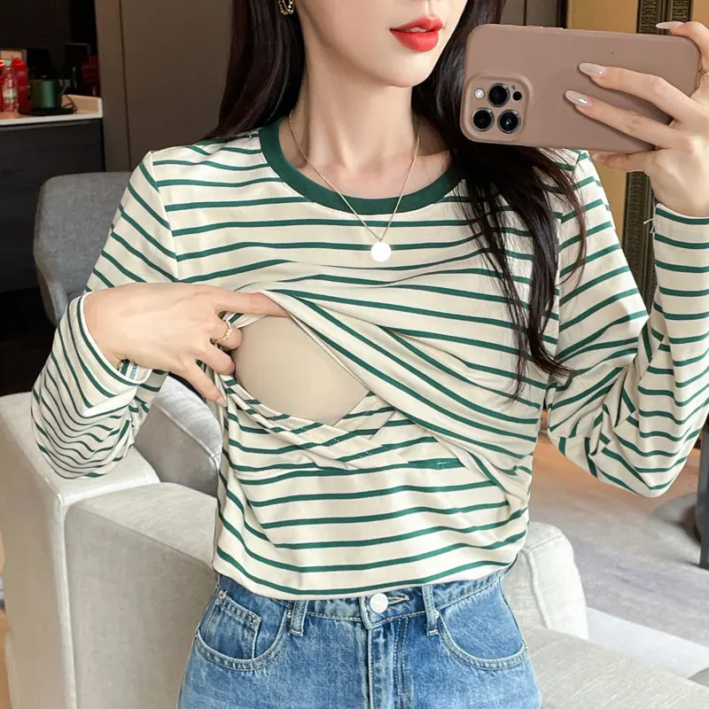 

Striped Cotton Maternity Nursing Tees Casual Long Sleeve Breastfeeding T Shirts For Pregnant Women After Delivery Lacation Tops