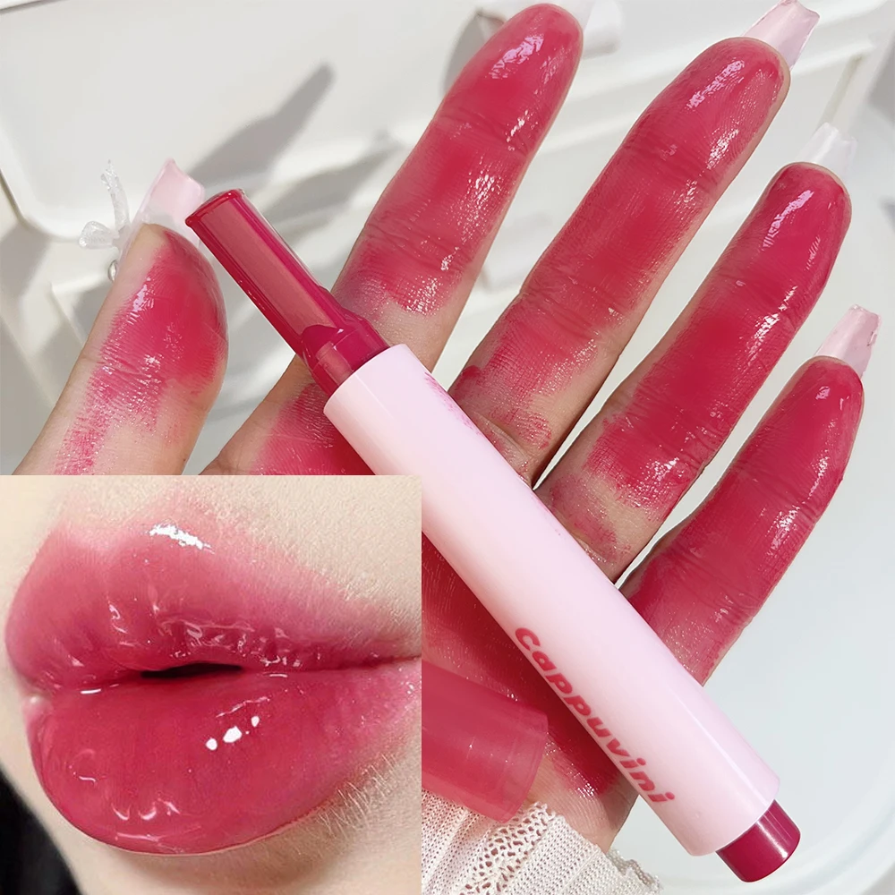 Brillo de labios sólido acuoso de larga duración, lápiz labial en forma de corazón ligero de agua, aceite transparente, esmalte de labios de gelatina, tinte coreano, maquillaje hidratante