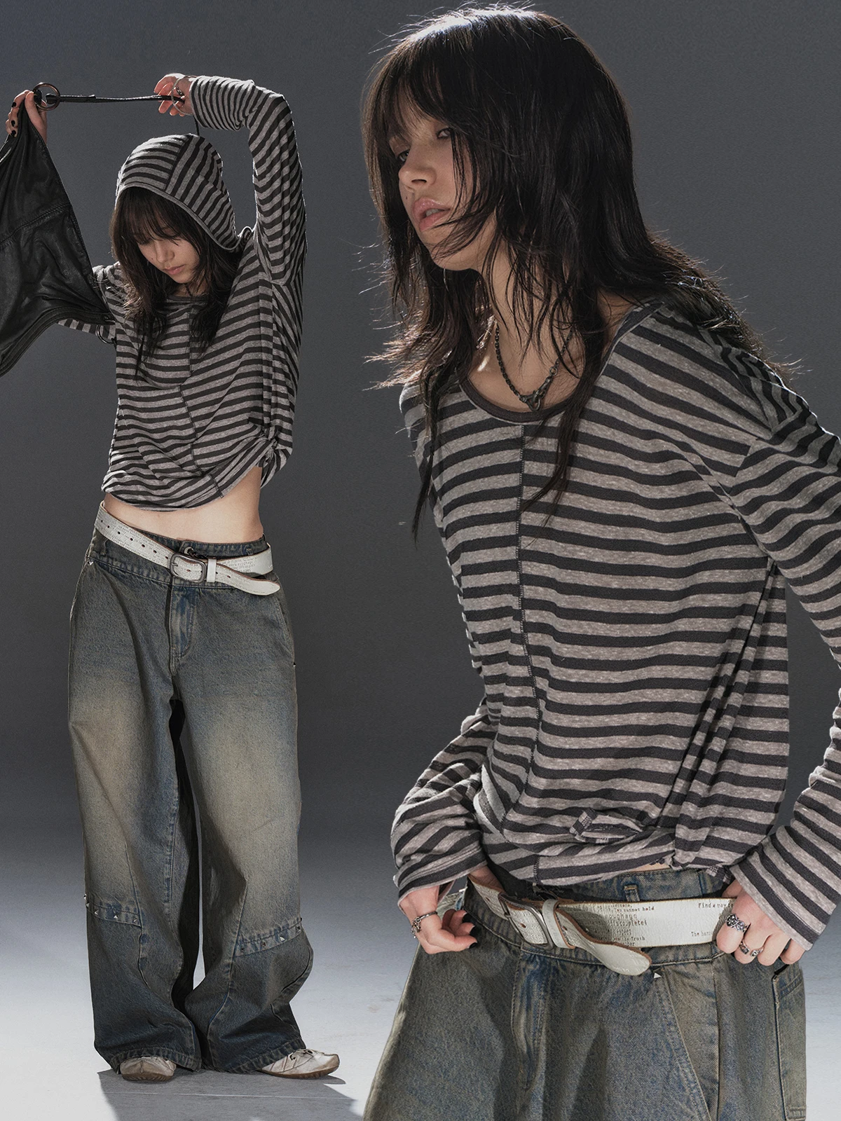 

Футболка с длинными рукавами в стиле панк, женская толстовка свободного кроя, полосатая, легкая, с защитой от солнца, повседневная мода, весенний сезон