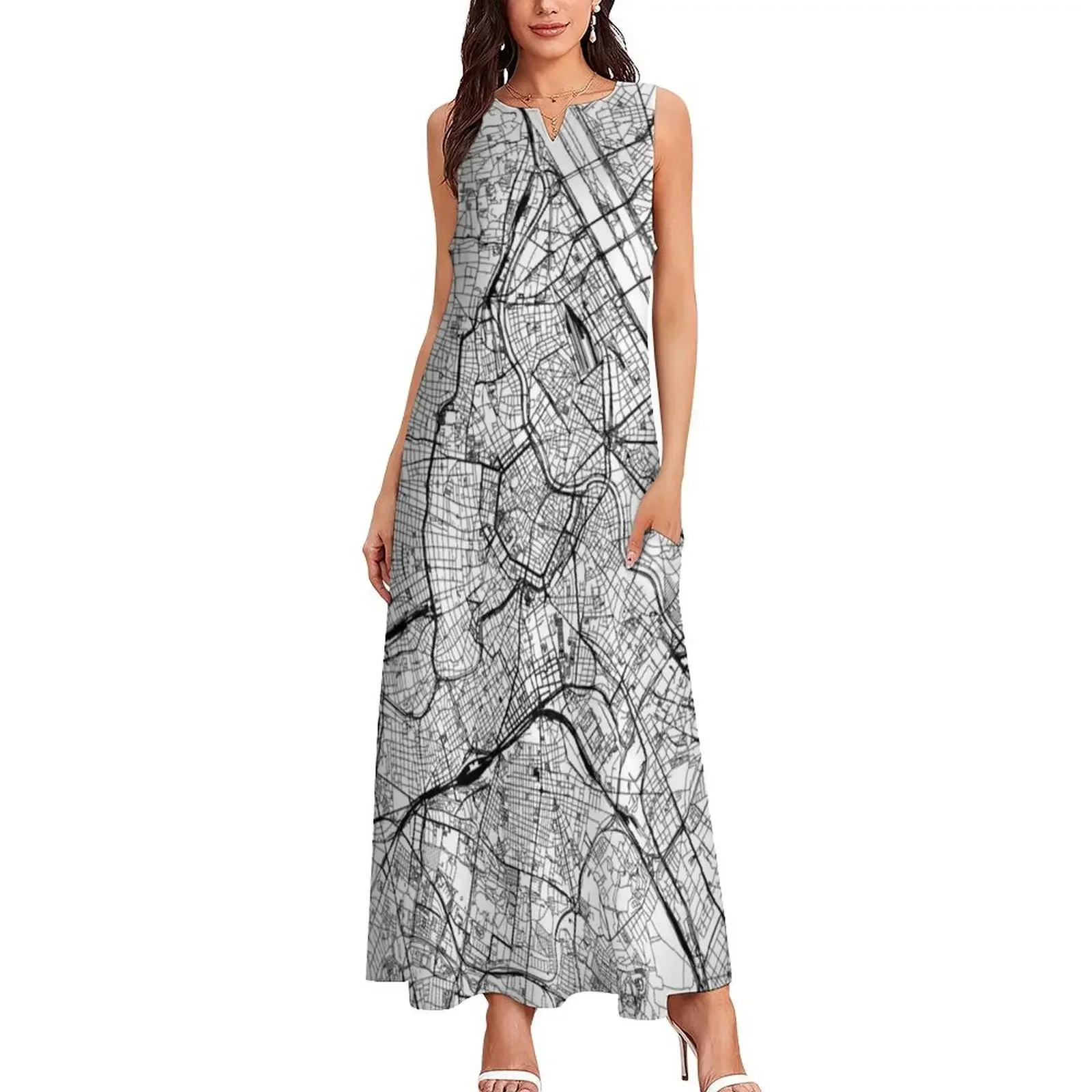 ชุดเดรสยาวลายแผนที่เวียนนาสีขาวสำหรับงานพรอม ฤดูร้อน ชุดเดรสผู้หญิง 2025 เสื้อผ้าผู้หญิง