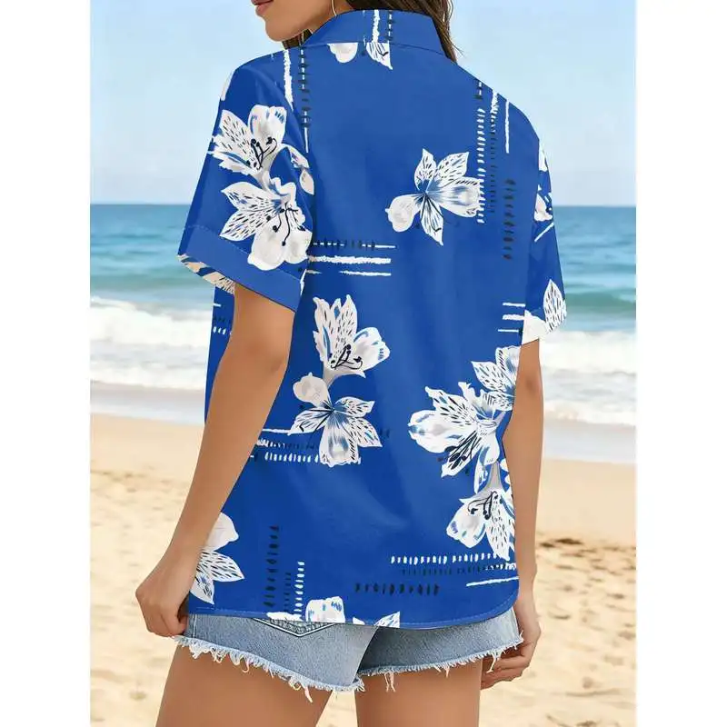 Women Casual Short Sleeve Button Up Shirt Royal Blue Floral White Line Pattern Fashion Top Machine Washable