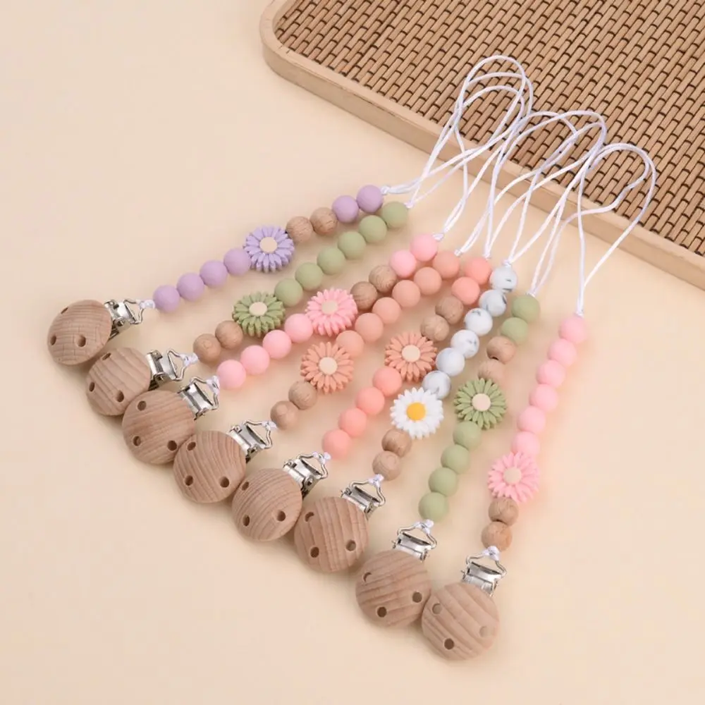 Soother Holder Pacifier Holder Clips Flowers Dummy Clips Baby Pacifier Chain Anti-lost Wood Baby Teething Toys Straps Baby