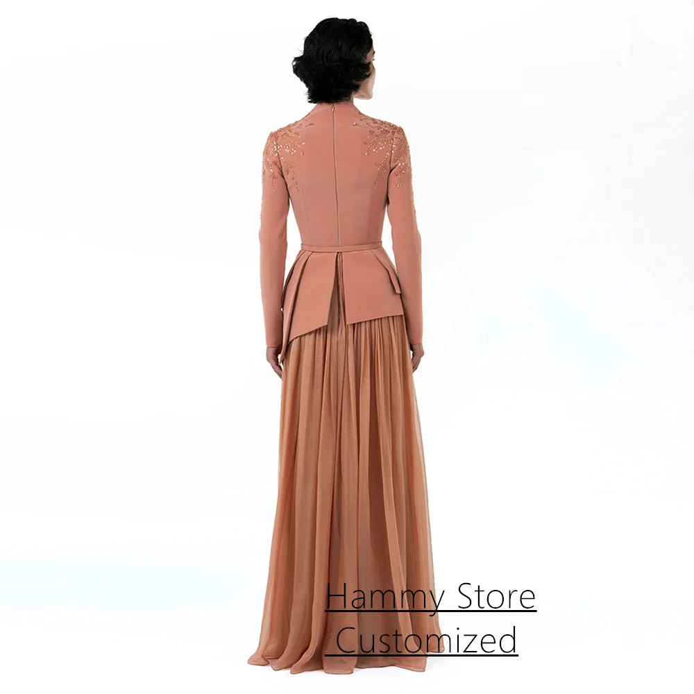 Coral Evening Dress فساتين حفلة موسيقية Customized V Neck Long Sleeve Beading Sequined Wedding Party Gown Arab Prom Dresses image 3