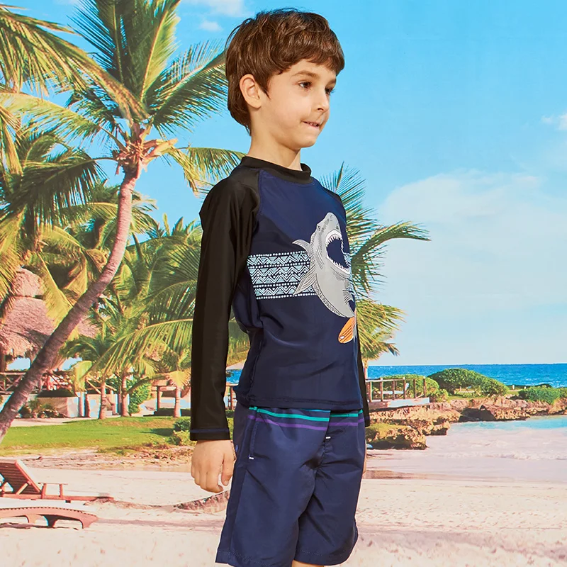 Summer Boys Long Sleeve Rashguard Kids Swim Suit UPF 50+ Sun Protection Shirts Boys Swimwear Navy Rash Guard Beach Wear