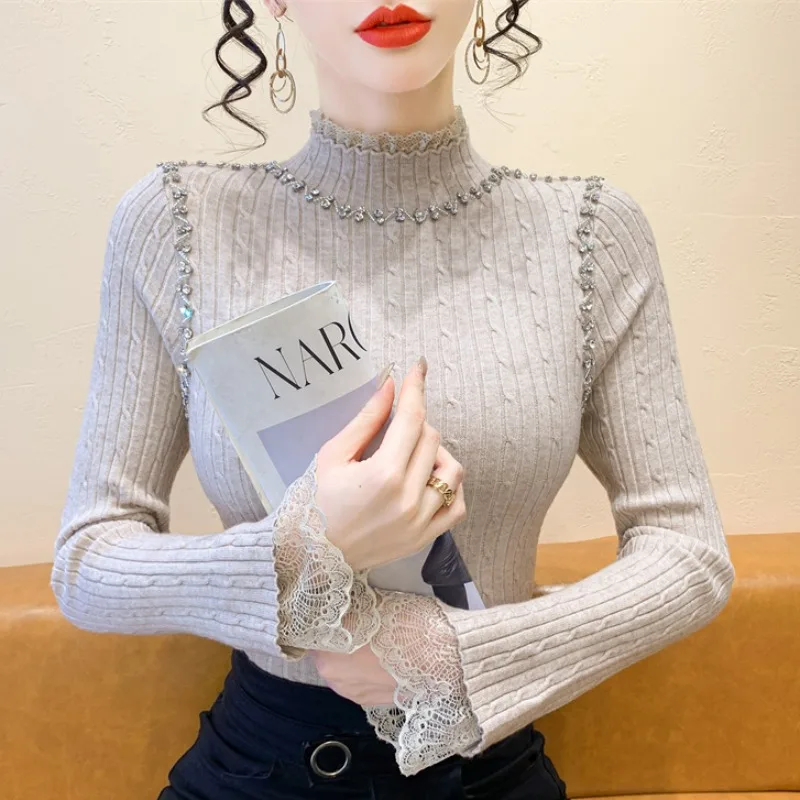 

2025, новинка, европейский, одежда, осень, зима, вязаный, свитер, женский, шикарный, сексуальный, пэчворк, кружево, бриллианты, топы, длинный рукав, пуловер, 41177