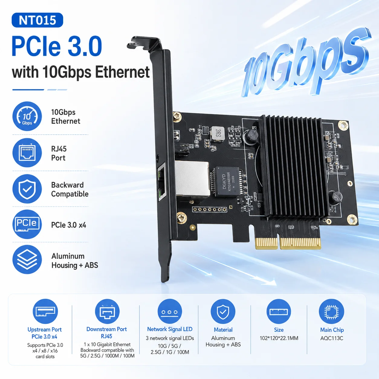 PCIe 3.0 X4 10Gbps Ethernet Network Card AQC113C 10G/5G/2.5G PCI Express NIC for  PC Server External Wired in Stock