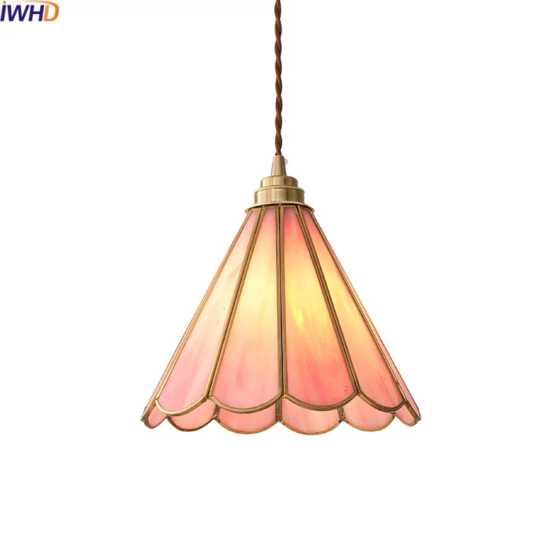 

IWHD Pink Glass LED Pendant Lights Fixtures Bedroom Dining Living Room Copper Nordic Hanging Lamp 4w Bulb Luminaire Suspendu