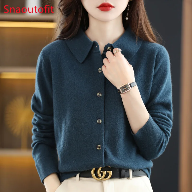 100% Merino Wool Cardigan Women\'s POLO Neck Knit Sweater Spring/Autumn Commuting Loose Top Soft Cashmere Sweater Office Formal