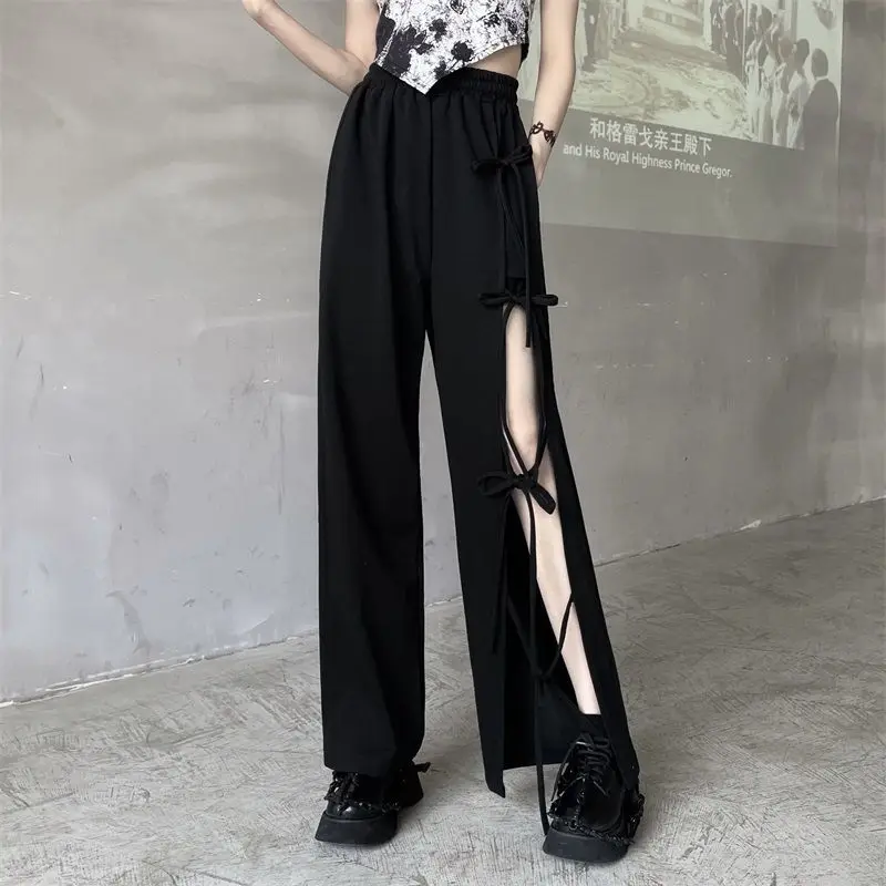 

Black Wide Leg Pants Women Sexy Slit High Waist Fluid Trousers Y2k Streetwear Korean Fashion Vintage Loose Casual Cool
