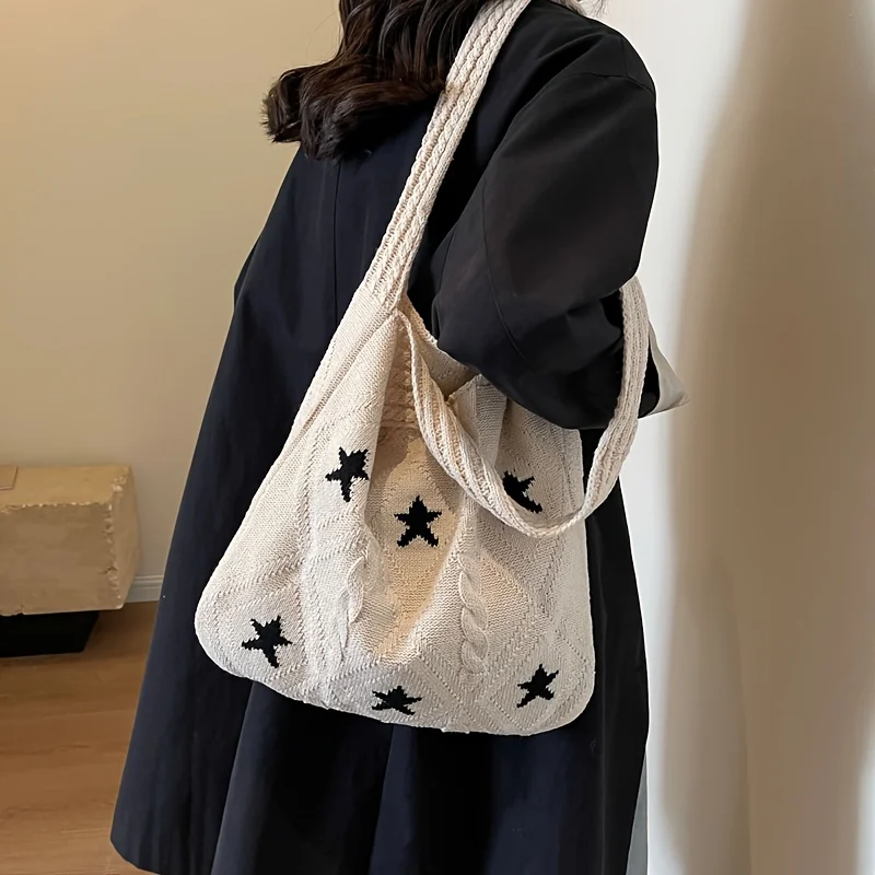 حقيبة حمل محبوكة بنمط نجمة، حقيبة كروشيه جمالية للنساء، منسوجة قديمة للسفر والشاطئ #2
