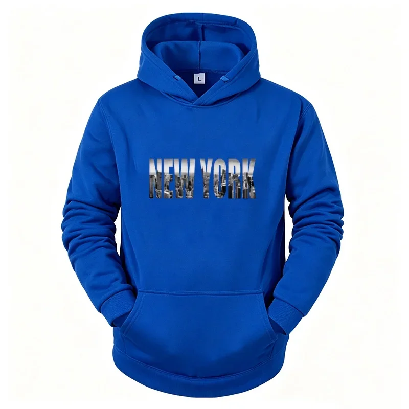 Men's Autumn Winter Casual Fashion Loose New York Skyscraper City Skyline Landscape Pattern Printed Hooded Sweatshirt Pullover