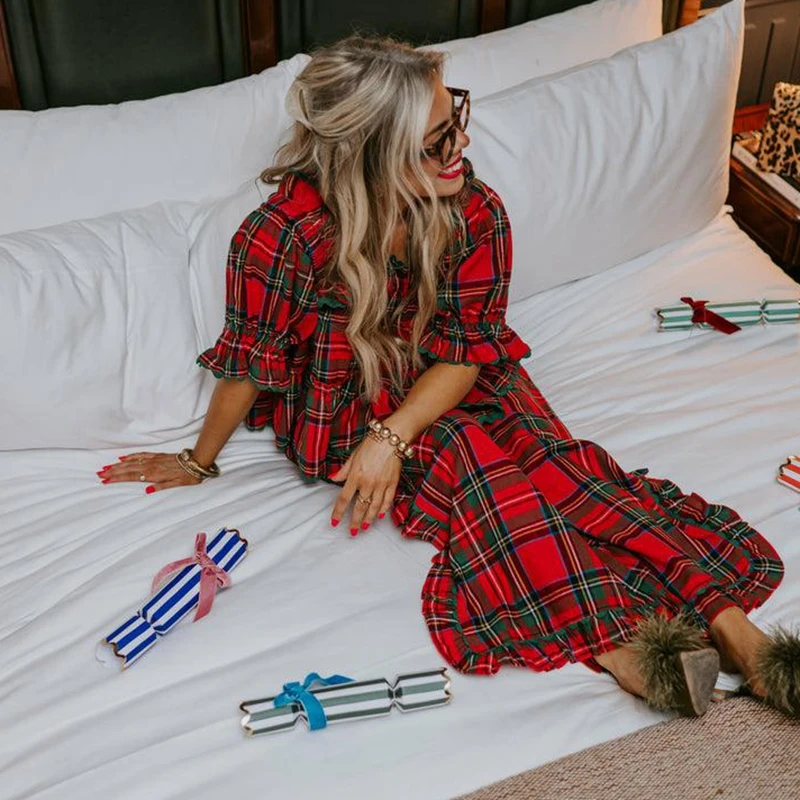 Setelan Loungewear Natal Wanita Combhasaki Motif Kotak-kotak Y2K Atasan Babydoll Lengan Mengembang Celana Lebar Berbelah Ruffle Piyama Natal Motif Gingham