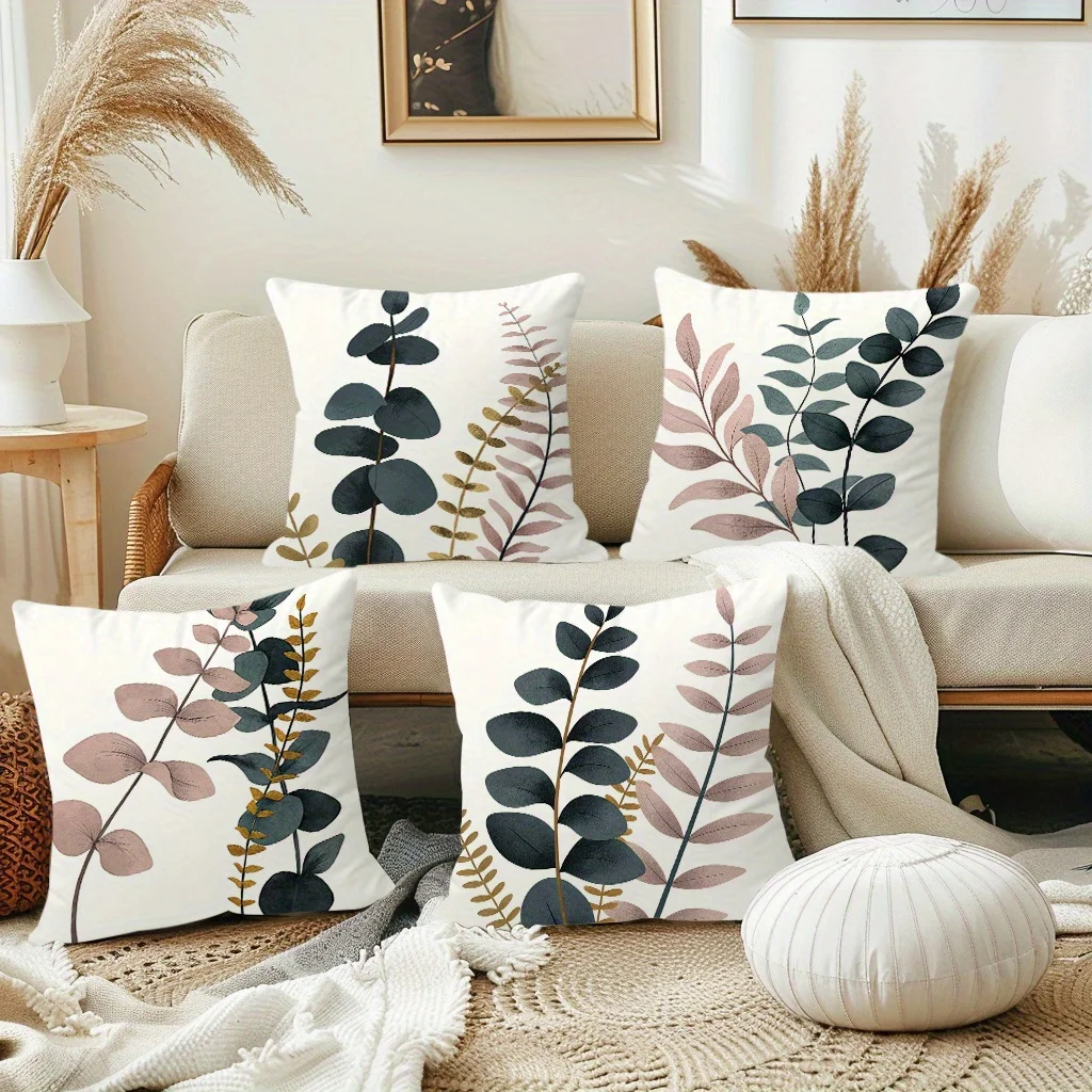4pcs Boho Farmhouse Eucalyptus Leaf Print Throw Pillow Covers 18x18 Inch, Soft Plush Polyester with Zipper Closure, Pastel