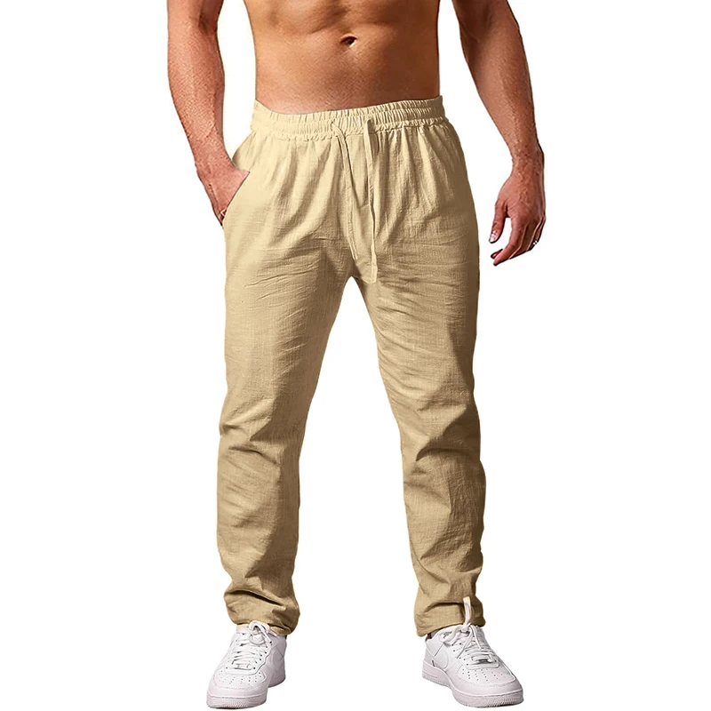 New Men\'s Lightweight Long Pants Summer Loose Fit Trousers for Holidays Breathable Linen Streetwear Men Fitness Sweatpants