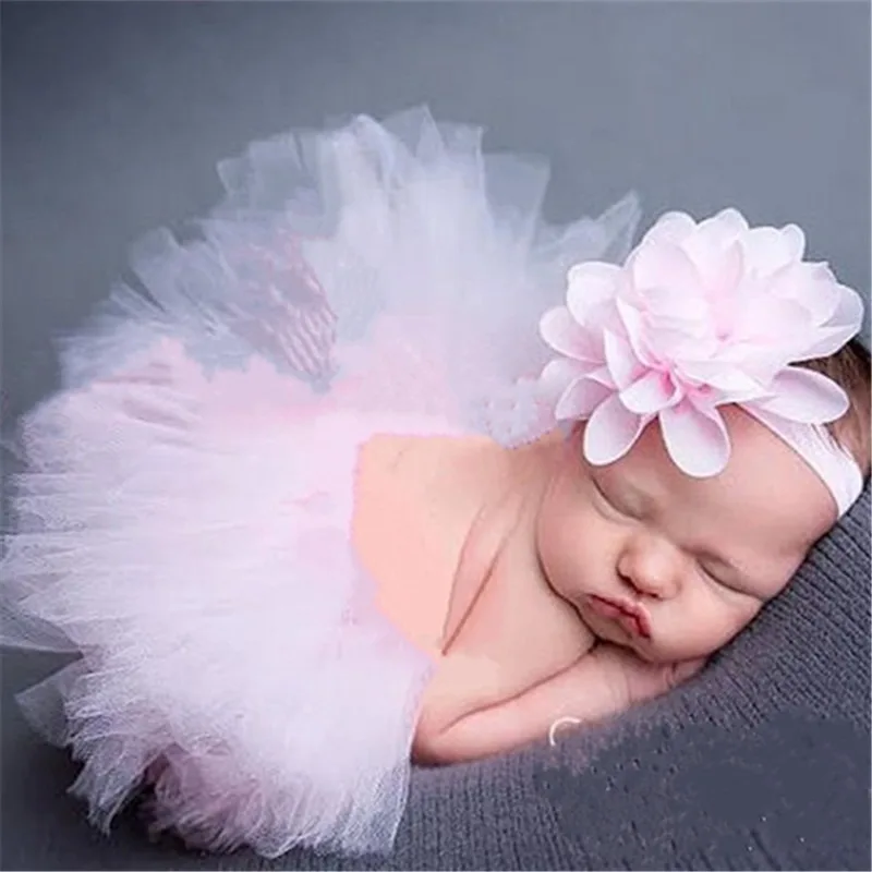 New Children's Chiffon Flower Baby Set Baby Photography Dress Fluffy Skirt  Children's T-skirt and Headband Set