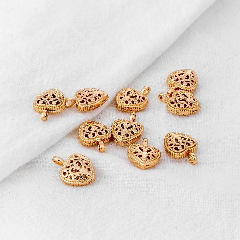 14K Copper Gold-Plated Thick Double-Sided Hollow Heart Pendant 10*14mm DIY Charms For Bracelets & Necklaces