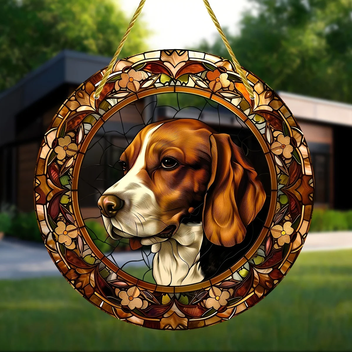 Beagle Dog Stained Glass Window Hanging Suncatcher,Round Acrylic Sign for All-Season Decoration,Wreath,Garden,Home,Office Decor