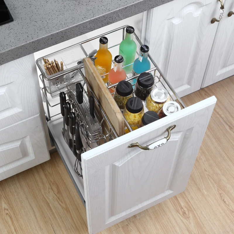 Seasoning Pull Basket 304 Stainless Steel Drawer-type Kitchen Cabinet Storage Rack Three-layer Tool Seasoning Basket