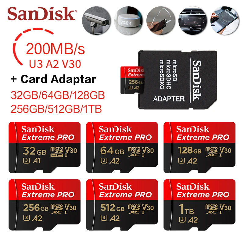 Karta SanDisk Extreme PRO MicroSDXC 32GB 64GB 128GB 256GB 512GB 1T UHS-I U3 A2 V30 Prędkość odczytu 200MB/s z adapterem SD, obsługa wideo 4K — zdjęcie produktu 3