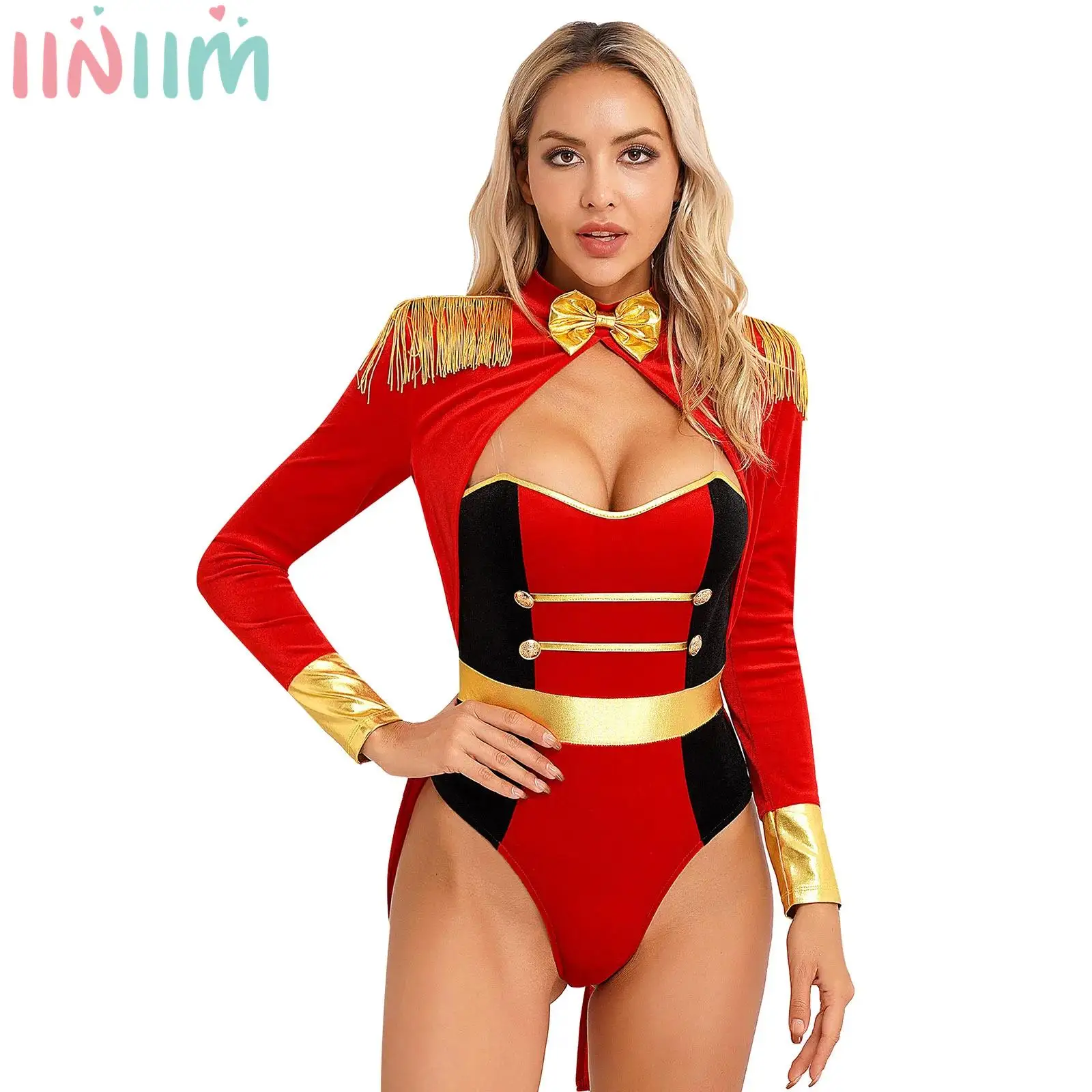 

Womens Halloween Circus Ringmaster Cosplay Bodysuit Fringe Epaulette Bow Long Sleeve Velvet Jumpsuit Stage Performance Costumes