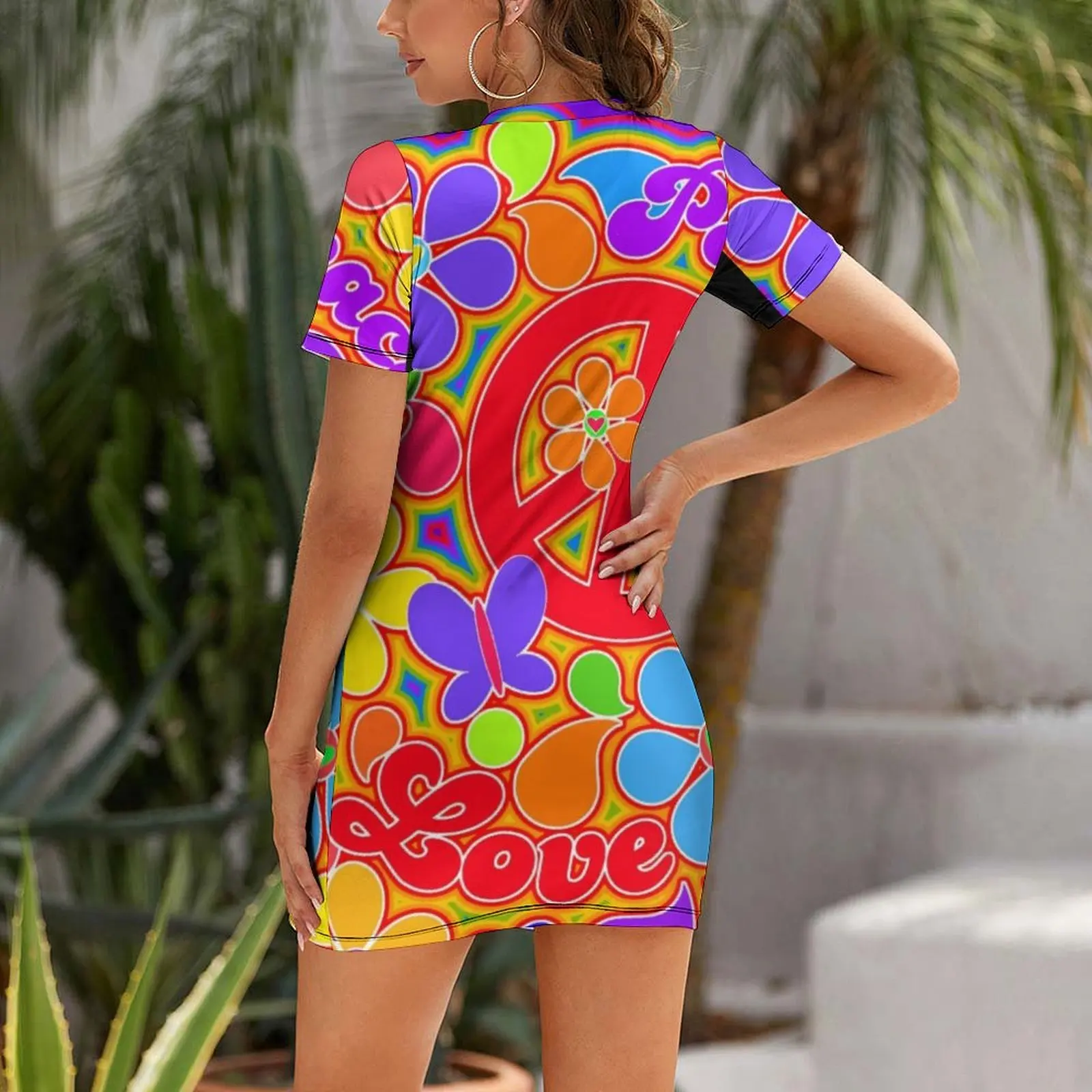 Rainbow Pop Art Colorful Peace and Love Flower Power Art Short Sleeved Dress Women's summer dress beach outfits for women Dress