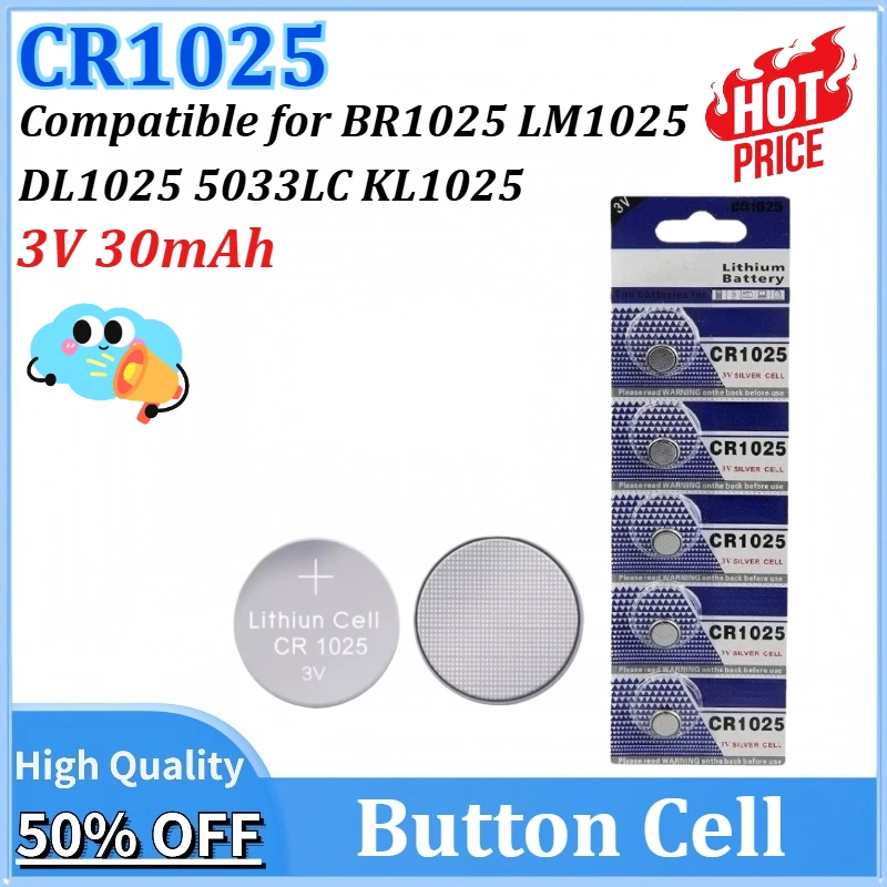

5PCS-100PCS CR1025 3V 30mAh Lithium Button Battery for Watch Toys Remote Clock BR1025 LM1025 DL1025 5033LC KL1025 Coin Cell