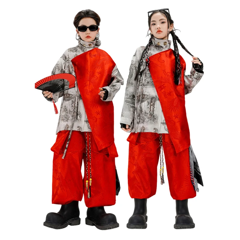 

Одежда для современных танцев в стиле хип-хоп, красные контрастные брюки для уличных танцев для мальчиков, рубашка для девочек, детская уличная одежда, детские модные костюмы для джаза, комплекты