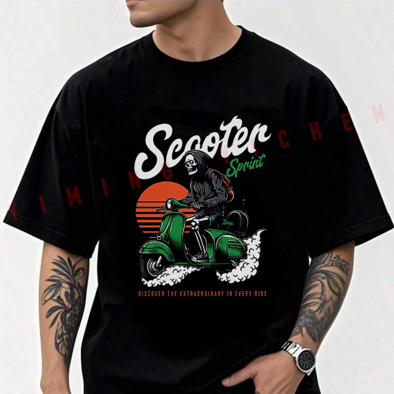 

Men T-shirt High Quality Funny Cotton Skeleton Riding Scooter Graphic Motorcycle Casual Cool O-neck Men Hip Hop Tees