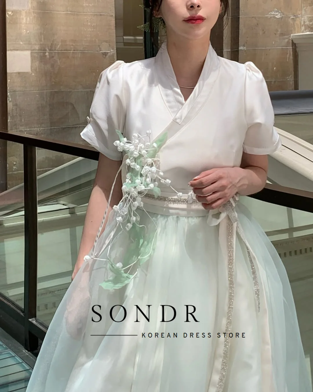 Sondr Customized Hanbok Mint Green Short Sleeves Korean Formal Dresses Evening Party Gown Women Wedding Photo Shoot Dresses