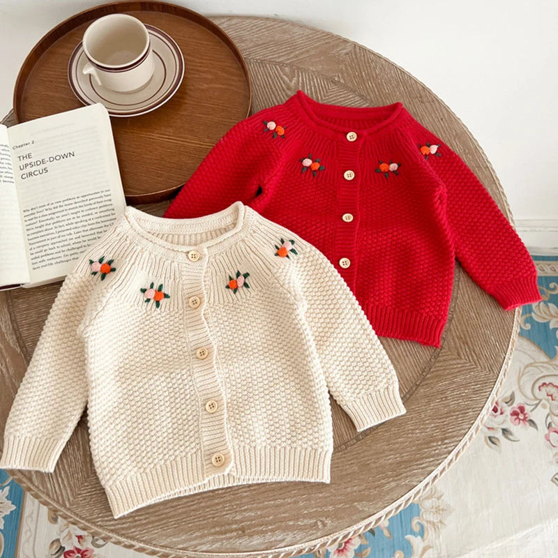 

Newborn Baby Girls Knitting Cardigan Long Sleeved Knitted Flower Embroidered Cardigan Coat Autumn Spring Toddler Baby Sweater