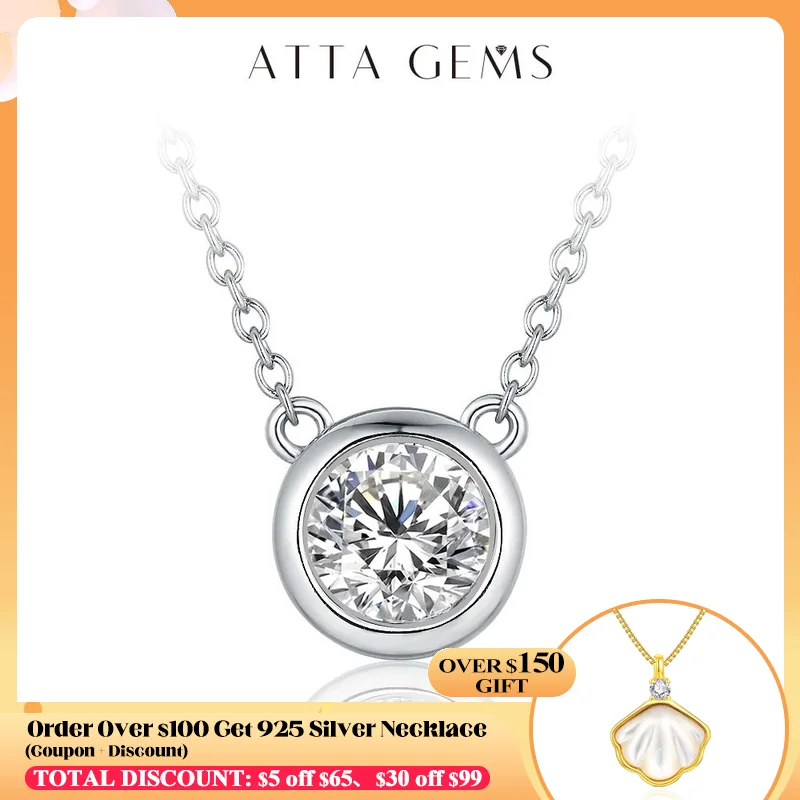 ATTAGEMS 100% 925 Sterling Silver 1 Carat D Color Moissanite Pendant Necklace Sparkling Engagement Wedding Party Fine Jewelry