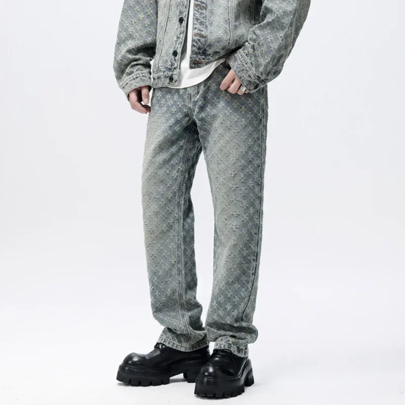 

Новейший дизайн, жаккардовые джинсы с узором, свободные мужские брюки, длинная джинсовая одежда