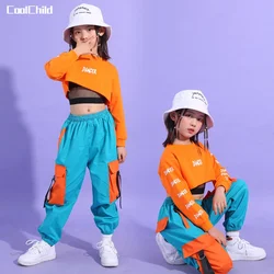 Hip Hop Girls Crop Top contrast Cargo Pants Child Jazz Joggers Streetwear Sweatshirt Kids Street Dance Cheerleader Clothes Sets