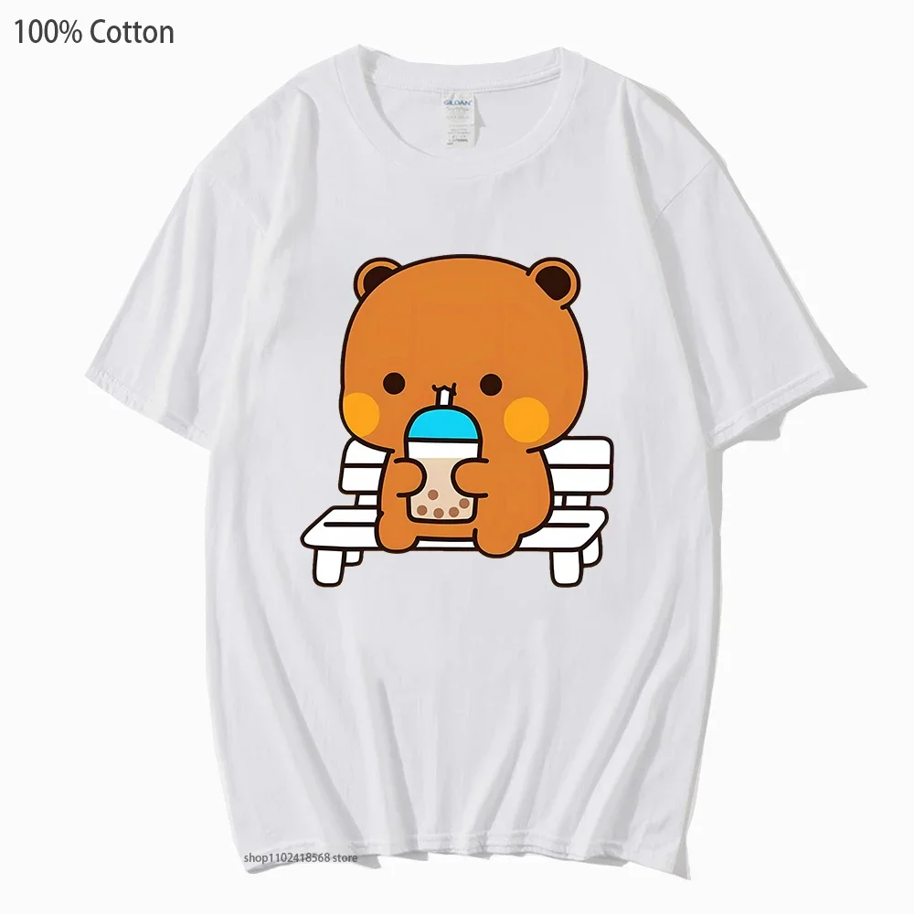 Couple T-Shirts for Men Women Bubu with Dudu Drinking Juice T-Shirts Cartoon Cute Panda Bear Tshirt Kawaii Y2k Top 100% Cotton