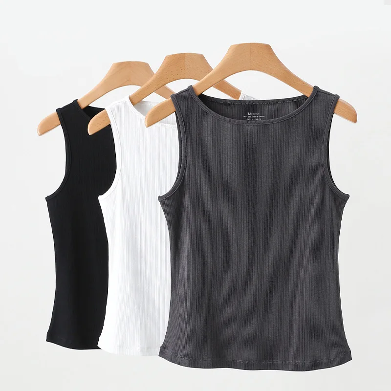 Women Tank Top Ribbed Cotton Boat Neck Sleeveless Tops Essentials M-XL