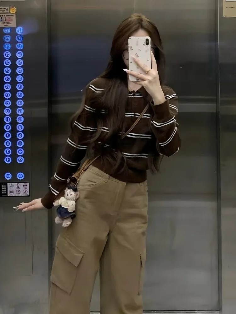 Retro Koreaanse Sle Gestreepte Lange Sve Gebreide Open Vest Dames Lente Nieuwe Sle Afslanken Overhead Top Kraag Enkel...