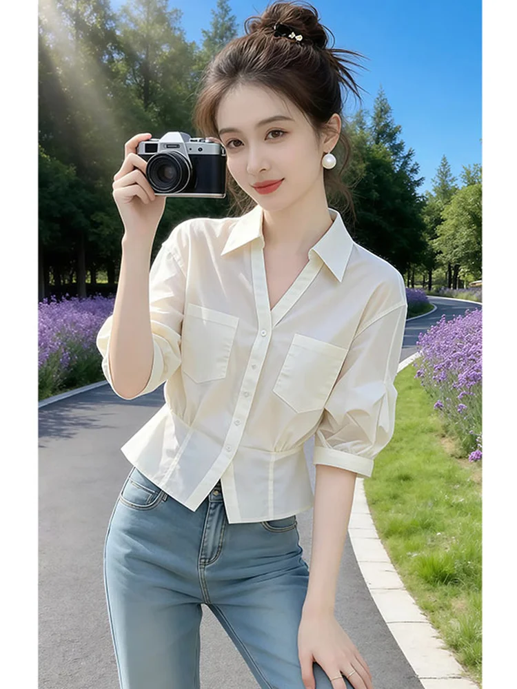

White Collar Short Sleeve Shirt Women's Summer Office Commute Elegant Unique Top French Style Loose Fit Five Button