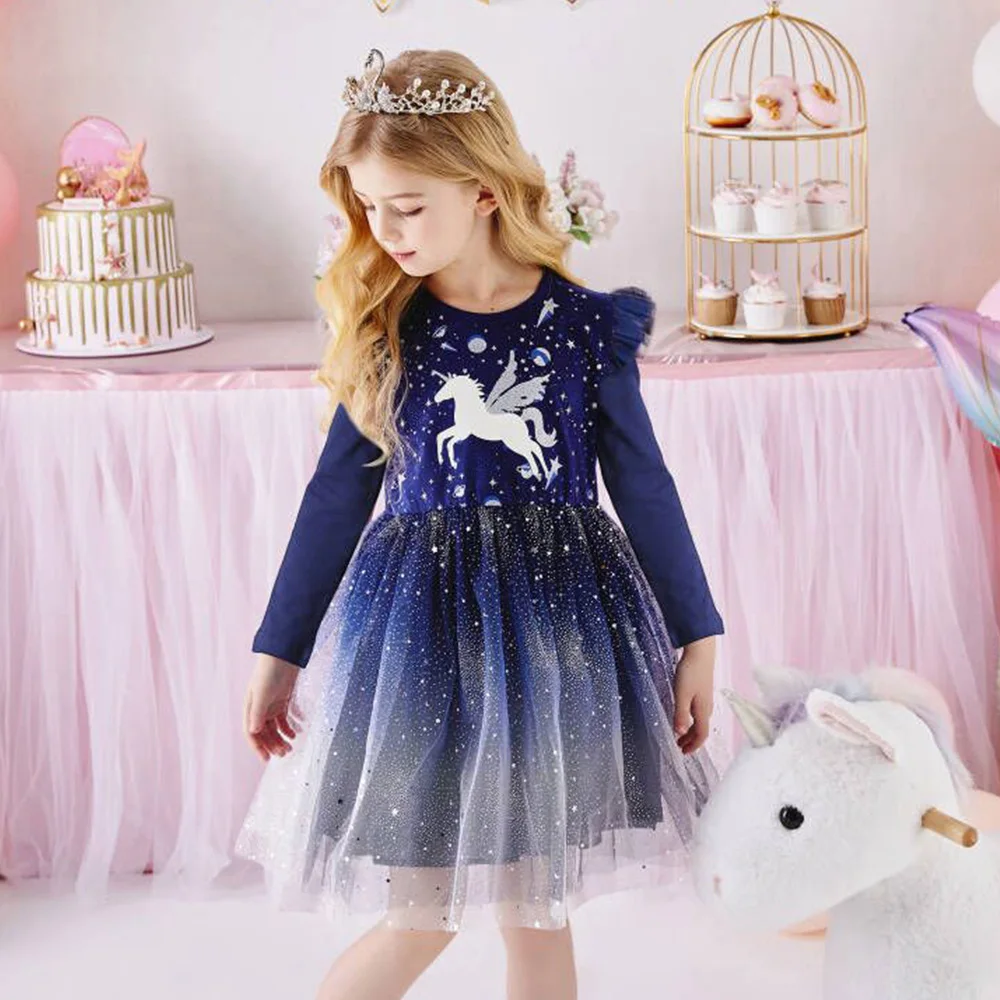 VIKITA Girls Licorne Print Dress Kids Autumn Spring Flare Sleeve Navy Dresses Girls Gradient Princess Birthday Party Dresses