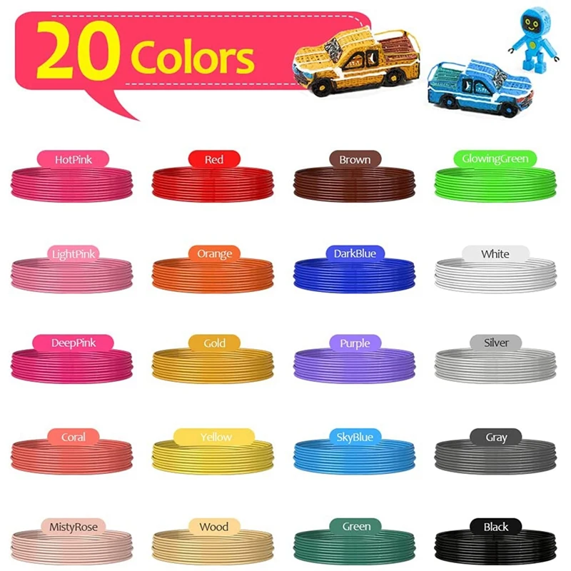 3D Pen Filament PLA Refills 20 Colors, 16 Ft Per Color Total 320 Ft 1.75Mm Premium Filament For 3D Printing Pen Comes