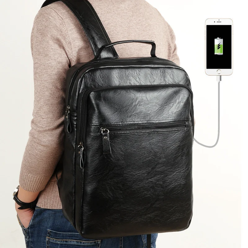 Mochila de carregamento USB de couro PU vintage para homens, mochila de grande capacidade, mochila de viagem casual masculina de luxo