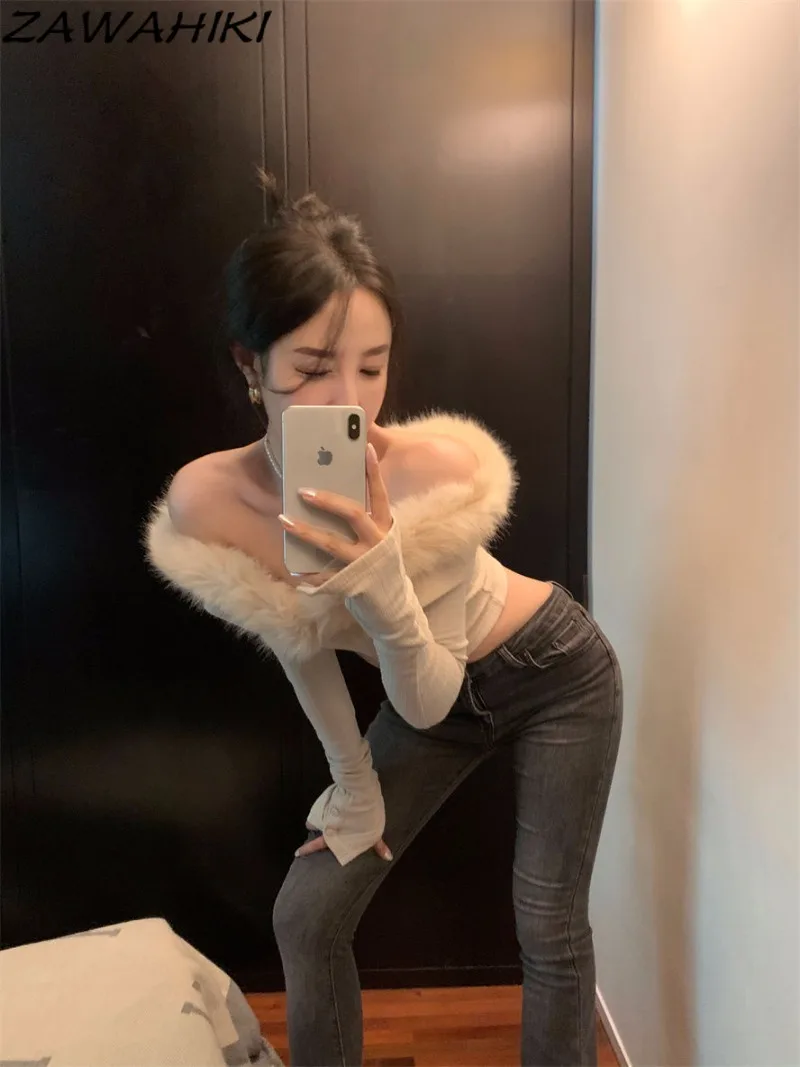 T Shirts for Women Y2K Solid Color Patchwork Furry Soft Slash Neck Designed Fall Winter Sexy Off Shoulder Fashion Aesthetic Top