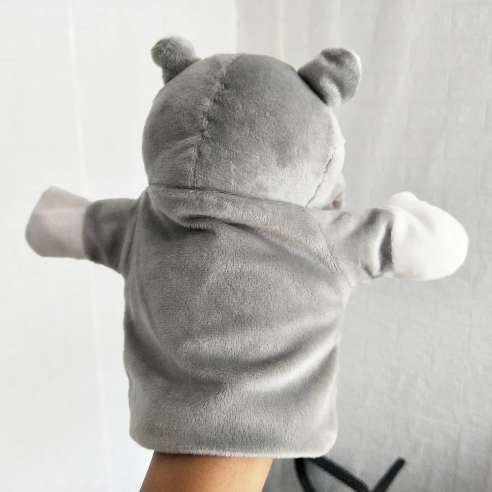 口を開けたサイのハンドパペットの赤ちゃんぬいぐるみ