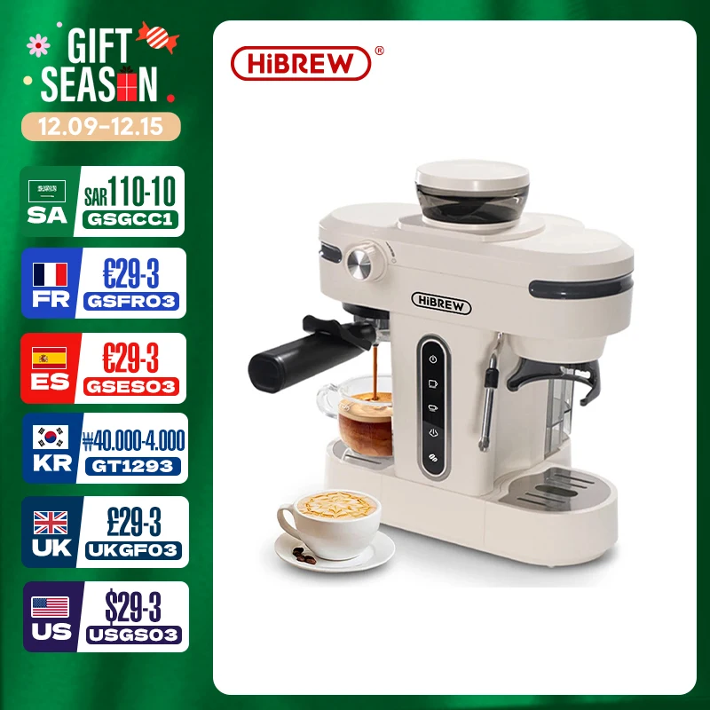 HiBREW-cafetera Espresso semiautomática con molinillo, máquina de sistema de espumación de leche, capuchino y Latte, 20 Bar, H14