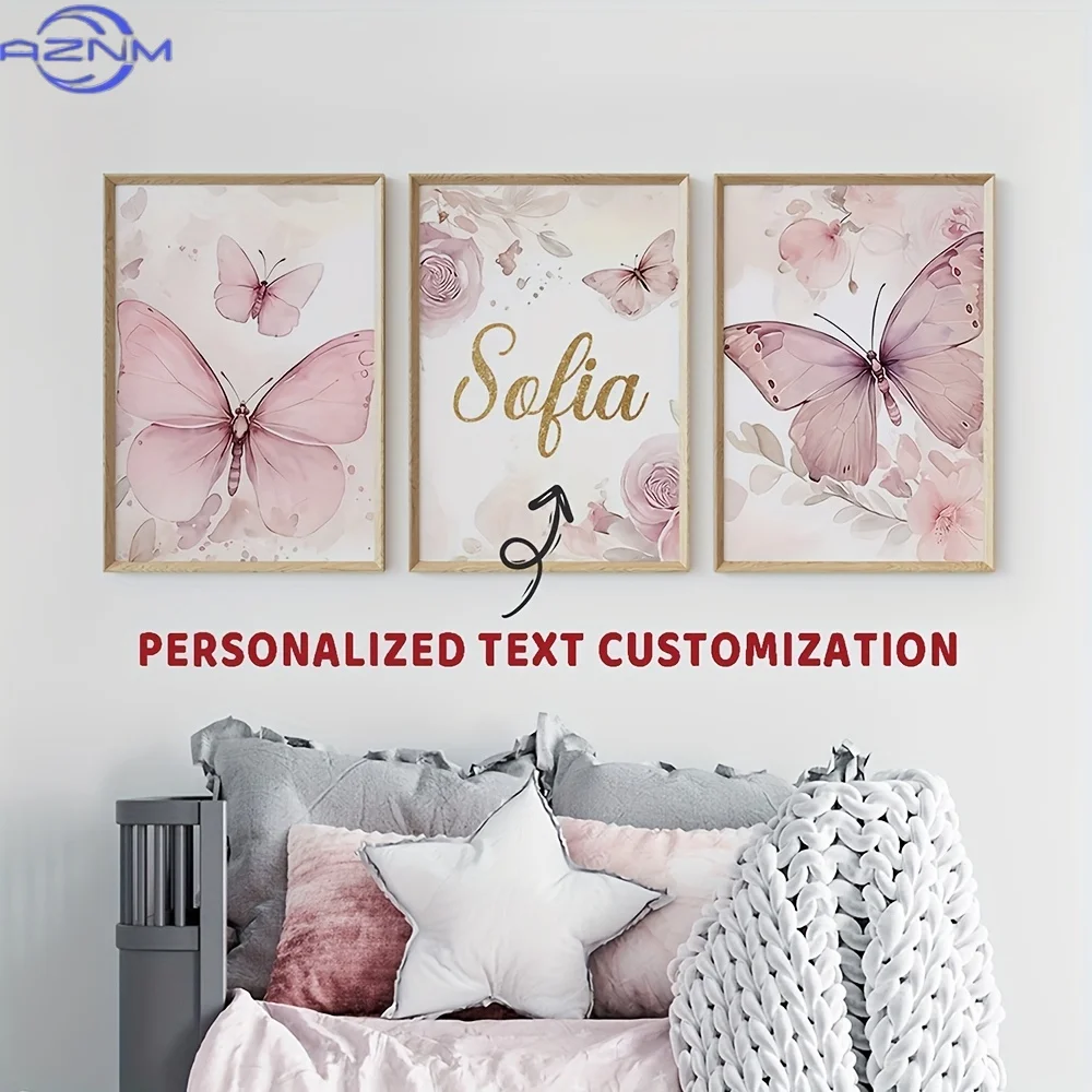 3pcs Name Customized Butterfly Model Wall Art Poster Wall Art Pink And Purple Butterfly Floral Elements Personalized Customize