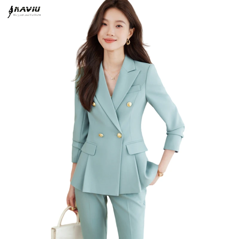 

NAVIU Light Blue Women's Suit Slim Fit Double Breasted Blazer And Pant Set High-End Professional Office Wear for Lady Autumn New
