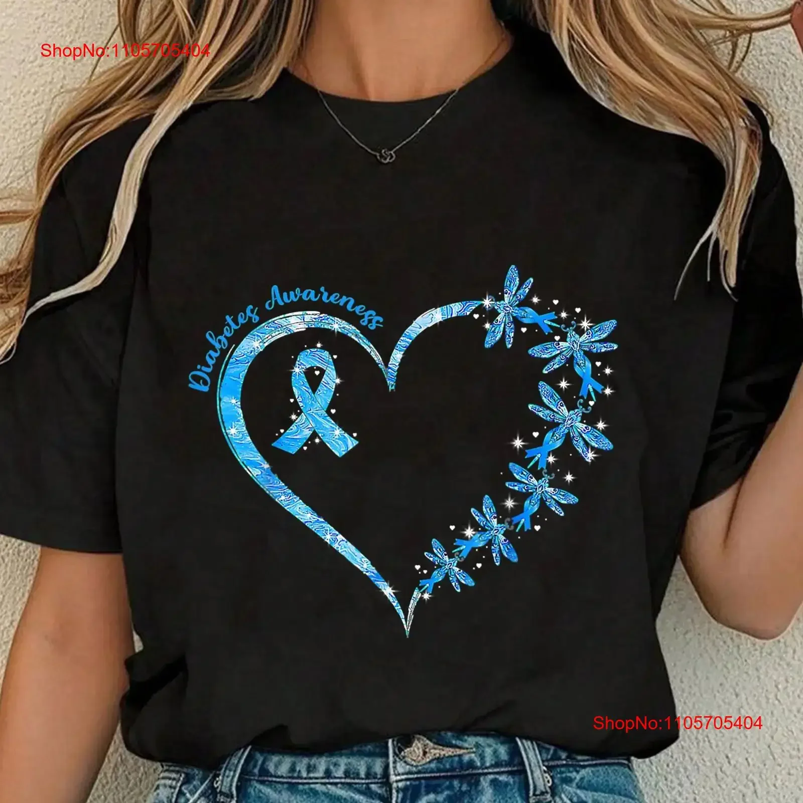 T-shirt de sensibilisation au diabète, motif libellule et ruban bleu, manches longues ou courtes, style vintage, effet délavé, pour un usage quotidien