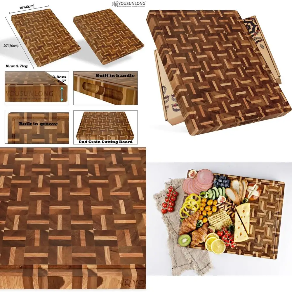 

Acacia & Oak Wood Chopping Board, 20L x 16W x 1.5Th, Built-In Juice Grooves, Handle, BBQ & Cooktop Use