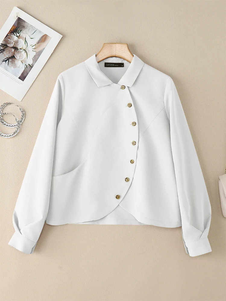 エレガントなラペルネック長袖オフィスシャツ ZANZEA 2025 秋ブラウス レディース トップス エレガントな無地OLワークシャツ イレギュラーブラウス