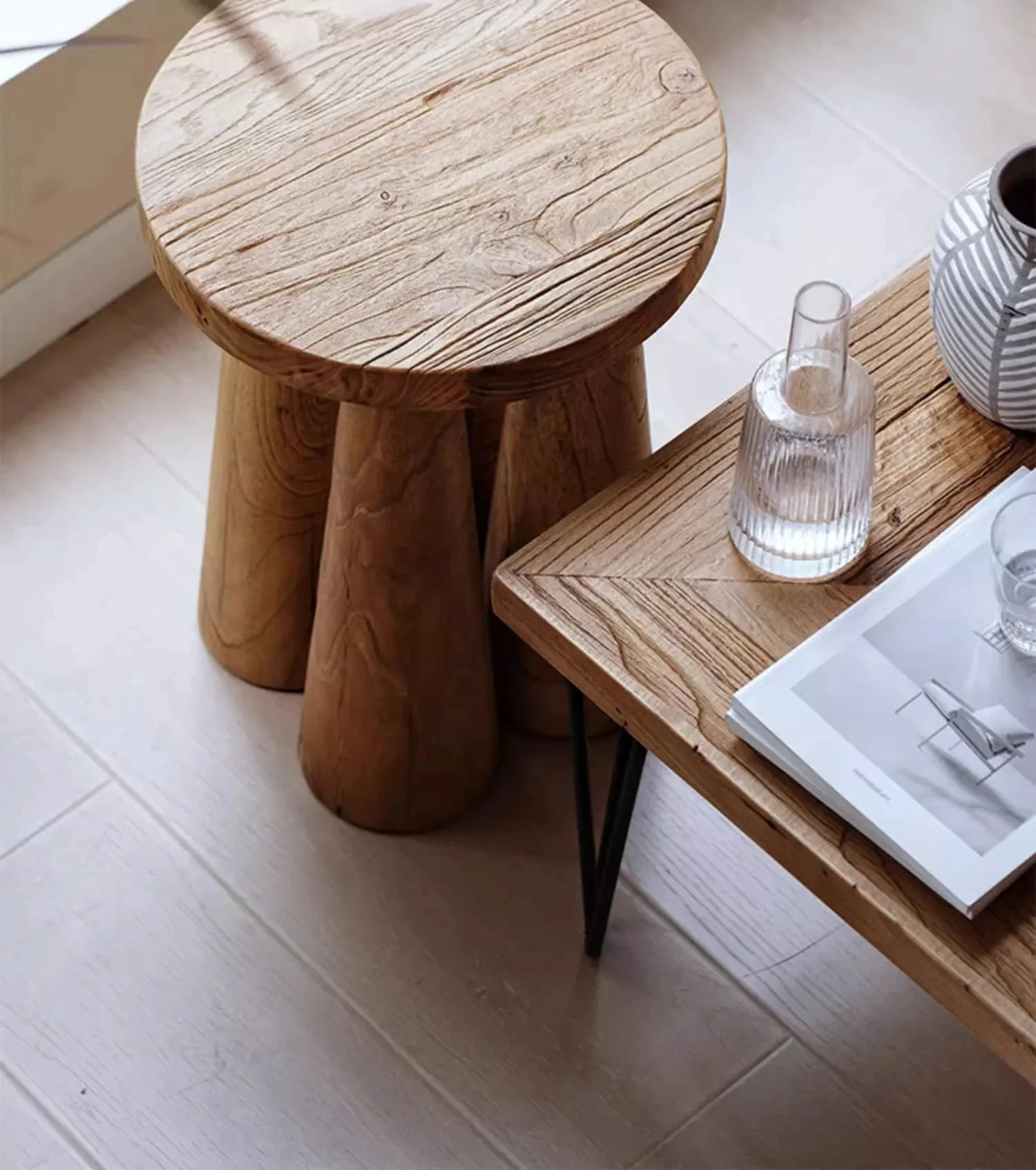 

CX301HV Современная бревенчатая мебель Маленький приставной столик Оригинальность Ваби-Саби Стиль Мебель из старого вяза Размеры журнального столика 30x30x50 см