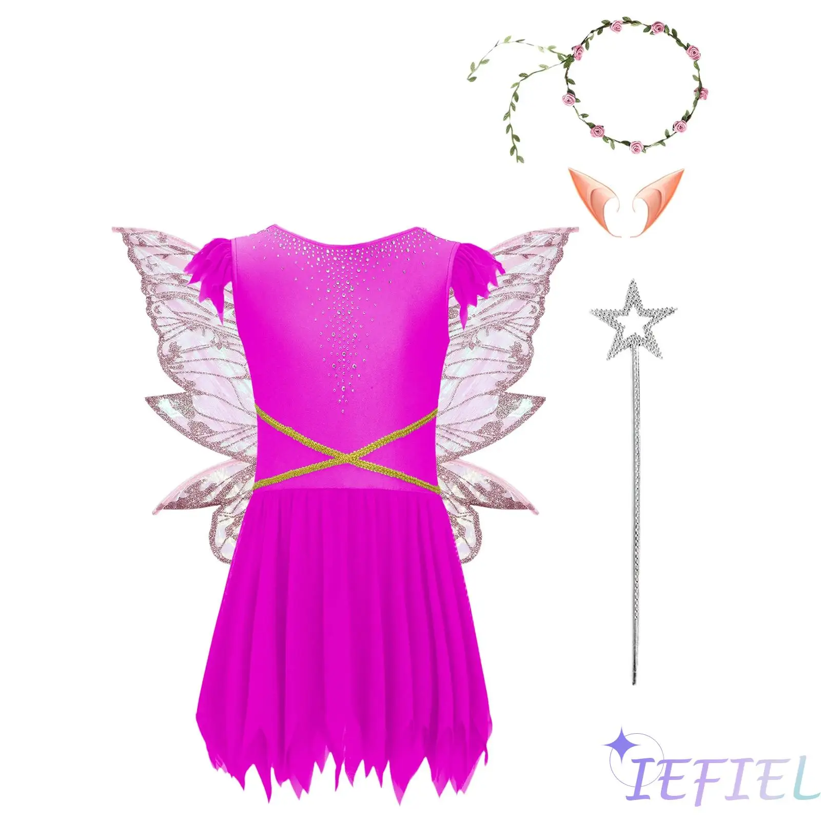 

Girls Halloween 5Pcs Magic Princess Fairy Roleplay Costume Suit Shiny Sleeveless Dress with Fairy Accessories for Photo Shoots